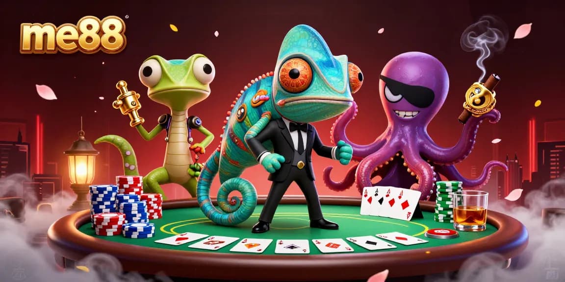 Experience the excitement of me88 with dynamic poker elements in a vibrant casino scene.