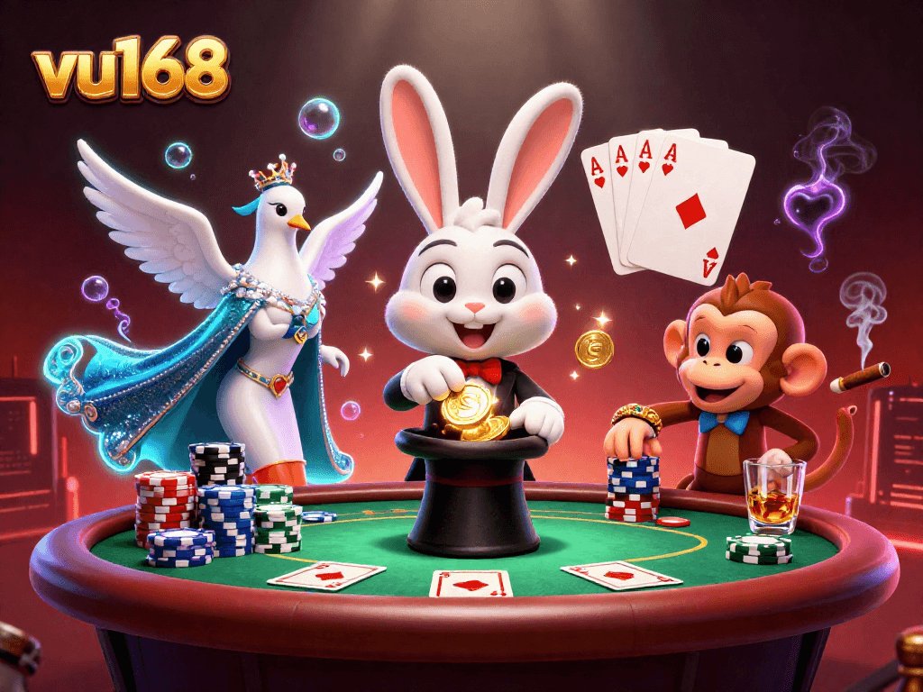 vu168 captures the excitement of online gaming with a 3D magician and playful characters in a vibrant casino scene