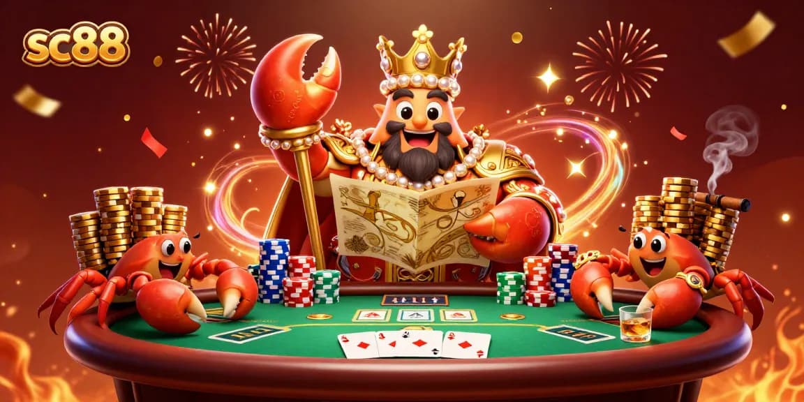Experience thrilling gameplay at sc88 with a vibrant 3D casino scene featuring a golden crab emperor.