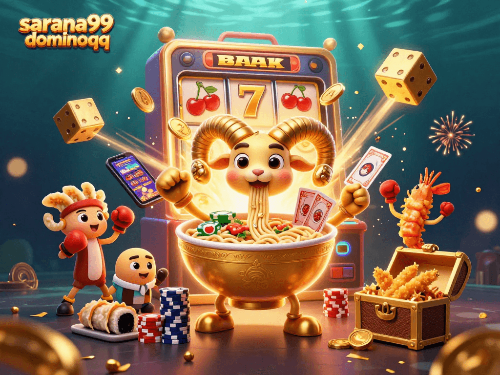 Sarana99 dominoqq showcases a vibrant 3D digital casino scene filled with animated characters and game elements.