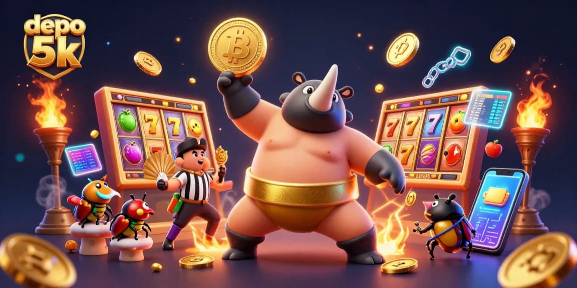 Slot depo 5k dengan simbol keberuntungan dan atmosfer kasino yang menarik.