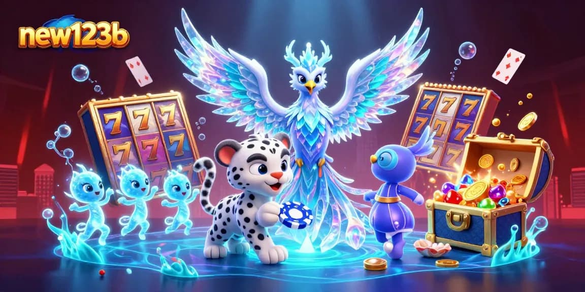 Experience the thrilling action at new123b with an ice phoenix, poker chips, and magical gaming elements.