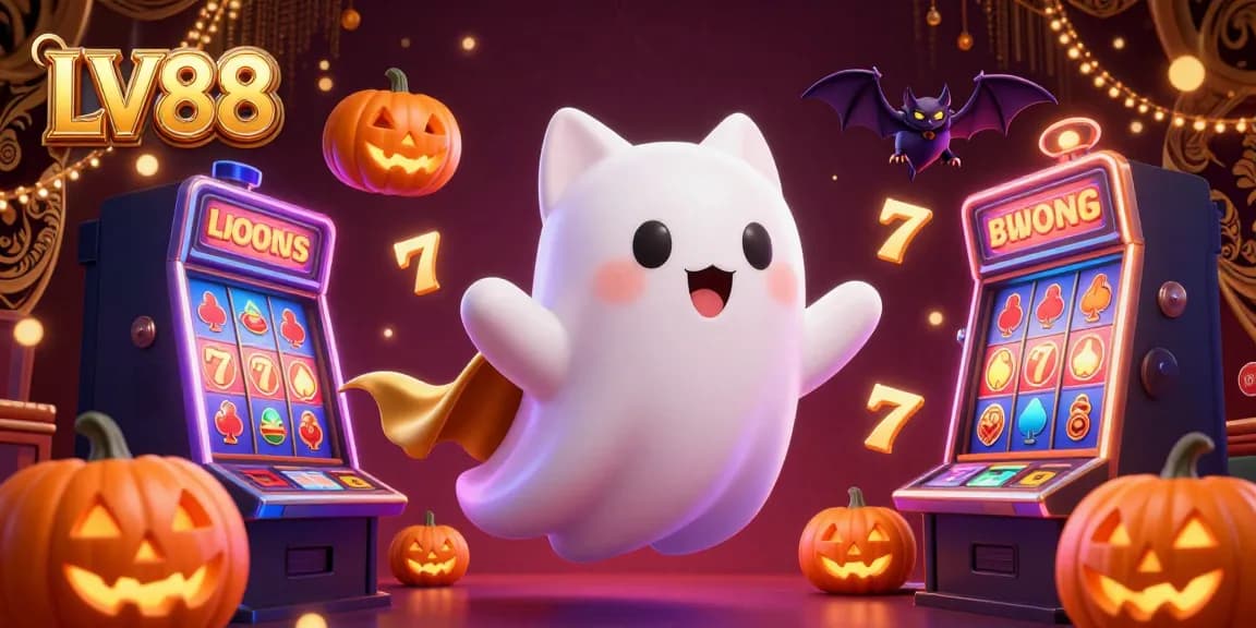 Experience the thrill of gambling at LV88 with a friendly ghost cat and vibrant casino elements.