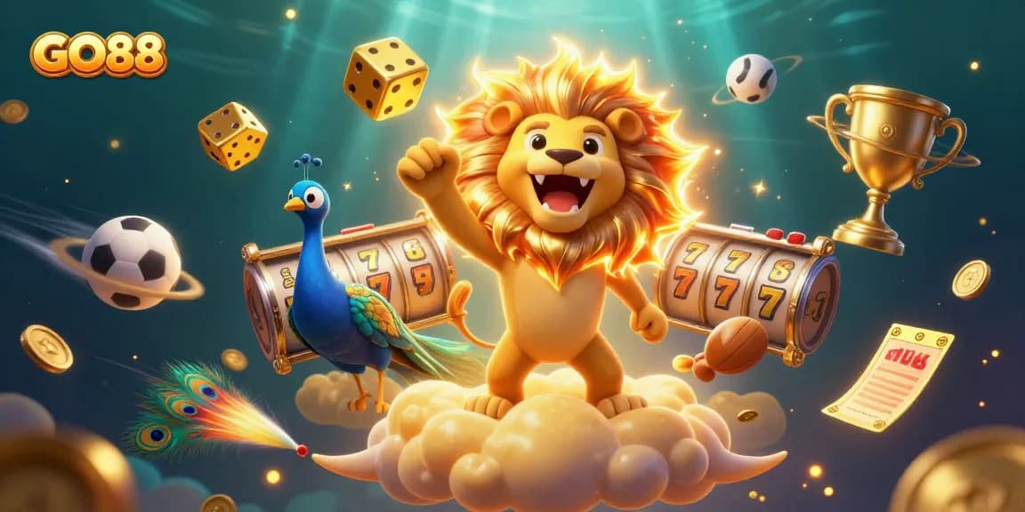 Experience the thrill of GO88 with dynamic slot games and vibrant illustrations of golden mane lion and the jackpot.