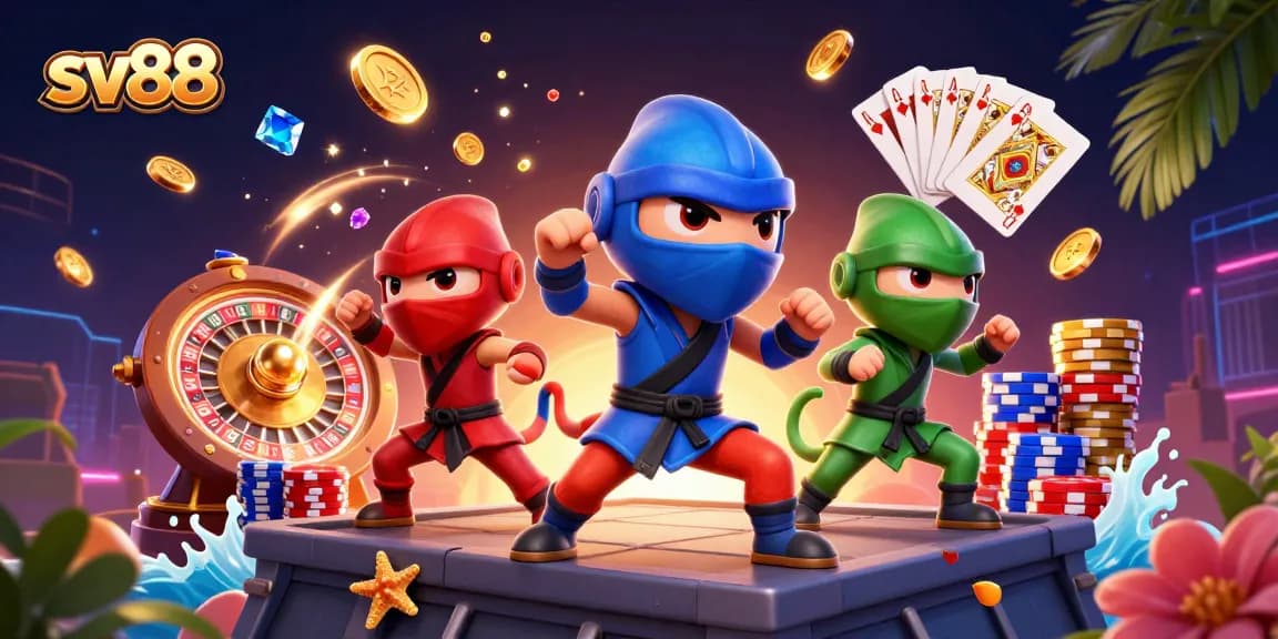Experience thrilling sv88 gameplay with ninja chameleons showcasing martial arts and vibrant casino elements.