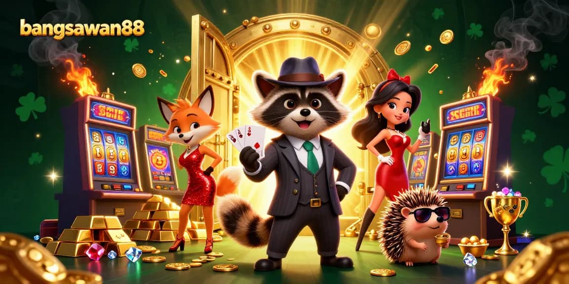 Engage with bangsawan88 at a vibrant casino scene featuring a suave raccoon and a charming fox.