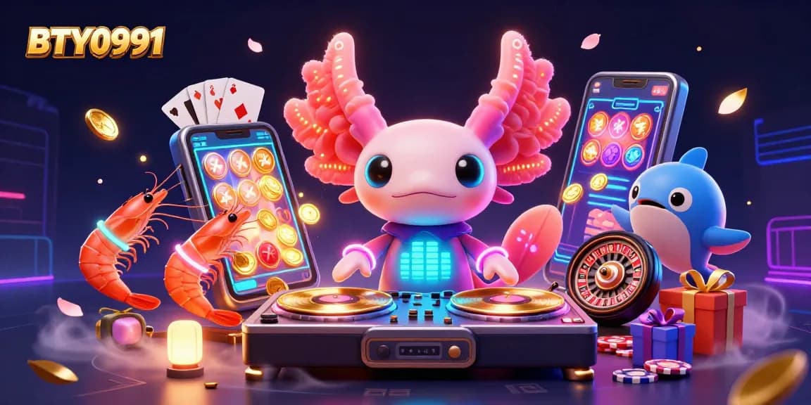 Experience exciting gameplay with BTY0991's vibrant neon characters in a dynamic casino scene.