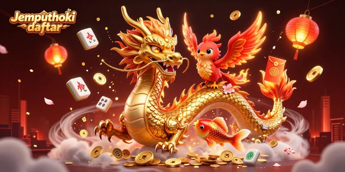 Play thrilling games at Jemputhoki daftar, featuring vibrant symbols and golden coins in a dynamic illustration.