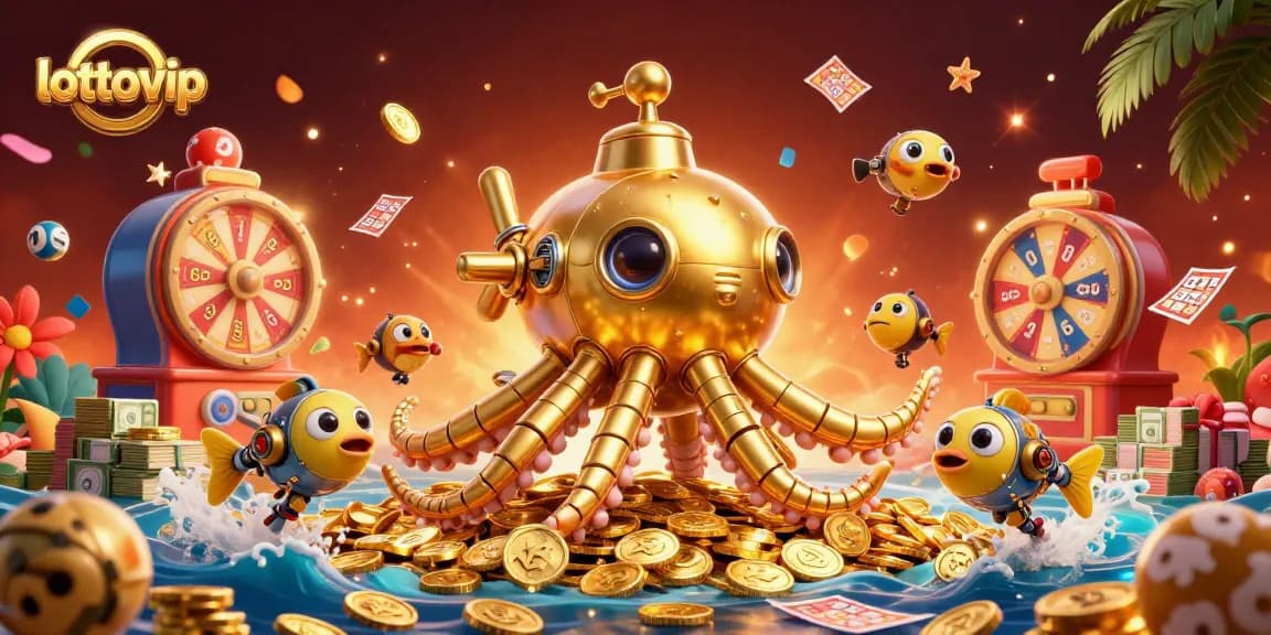 Menang besar dengan lottovip, mesin lotere memancarkan bola bernomor dengan tumpukan uang dan kartu bingo.