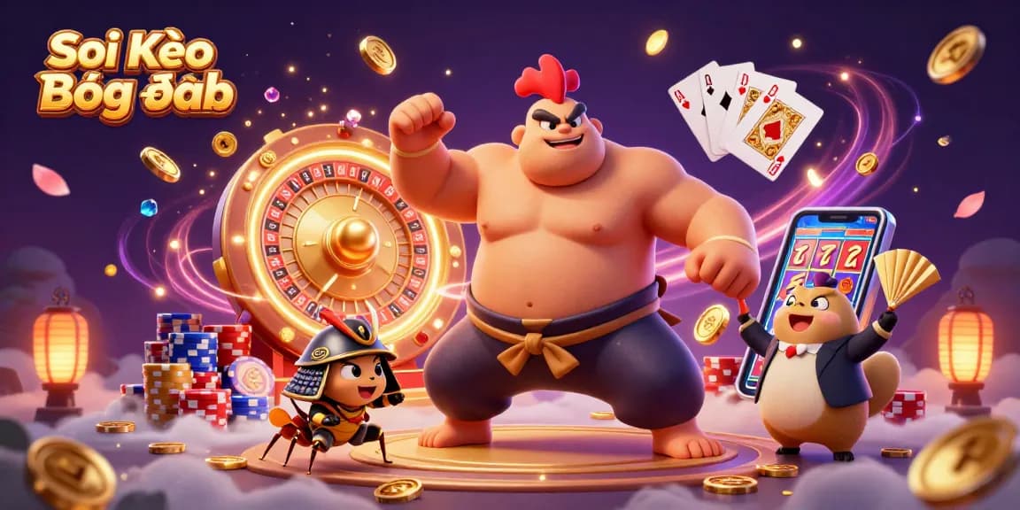 Soi Kèo Bóng Đá illustration portraying a powerful rooster and samurai cricket amidst golden coins and a spinning roulette wheel.