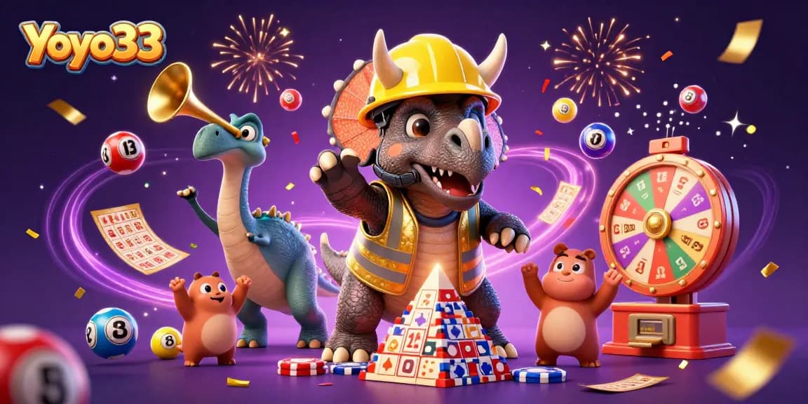 Yoyo33 features a vibrant celebration scene with animated characters building poker chip pyramids.