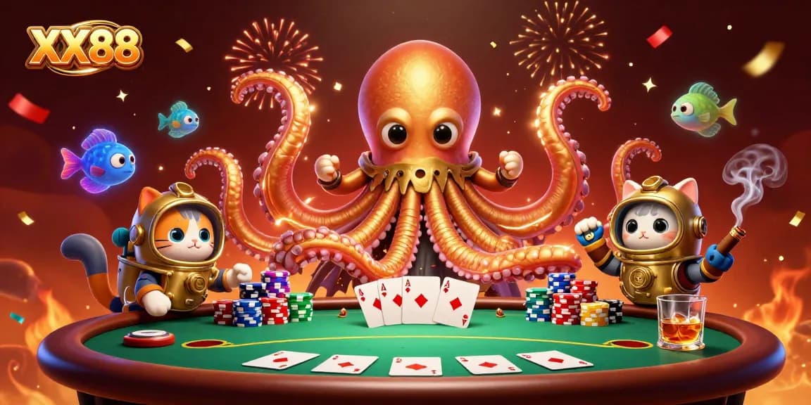 Engage with the thrilling world of XX88 casino games featuring a kraken and a diving cat.