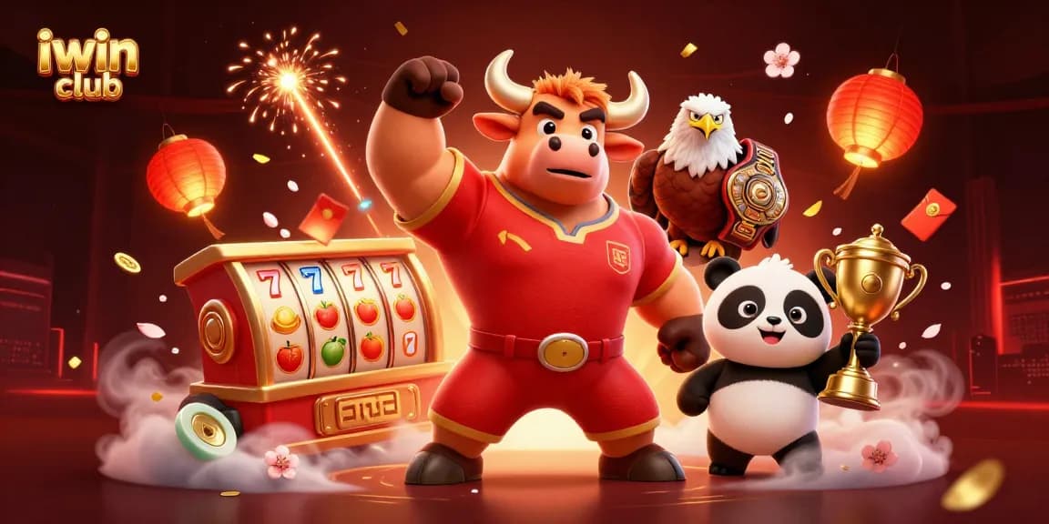 Spin to win at iwin club with a vibrant 3D casino celebration featuring characters and slot symbols.