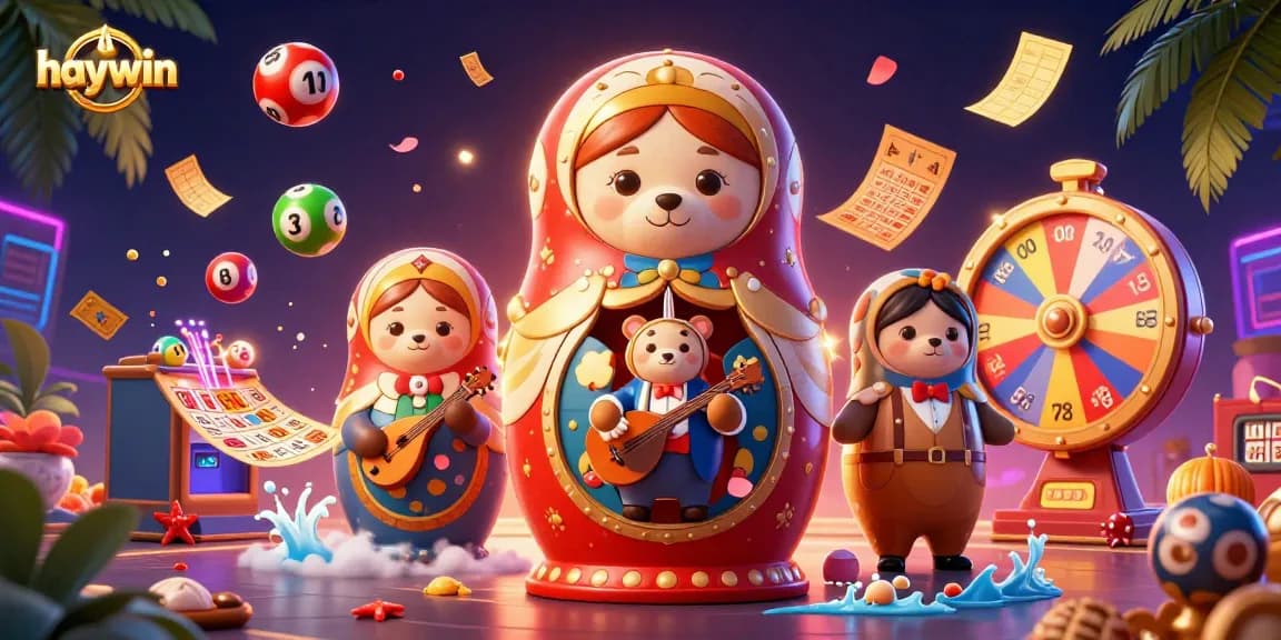Join the fun at haywin with colorful lottery elements and interactive casino characters.