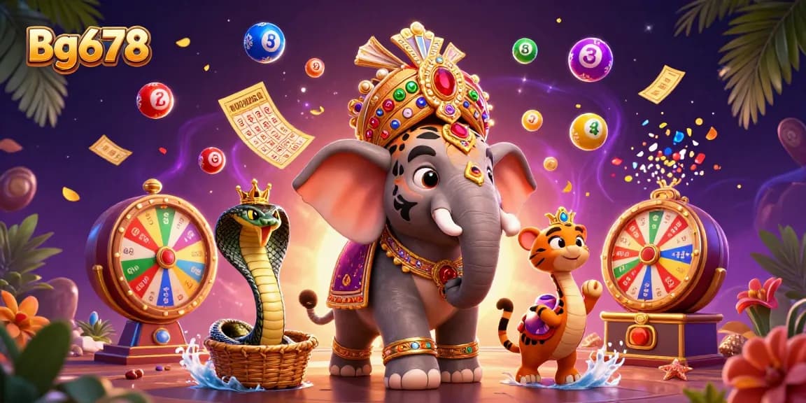 Win big with Bg678, featuring a vibrant 3D scene of gaming excitement, lively lottery elements, and classic casino flair.