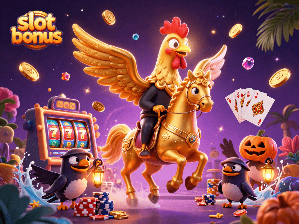 Experience the excitement of a slot bonus adventure with golden rooster and casino characters!