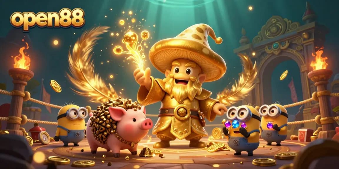 Experience exciting gameplay at open88 with a golden wizard, treasure, and vibrant casino elements.