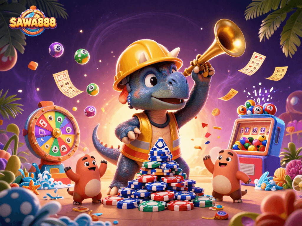Celebrate the excitement of SAWA888 with a vibrant 3D casino scene featuring joyous characters and dynamic gaming elements.