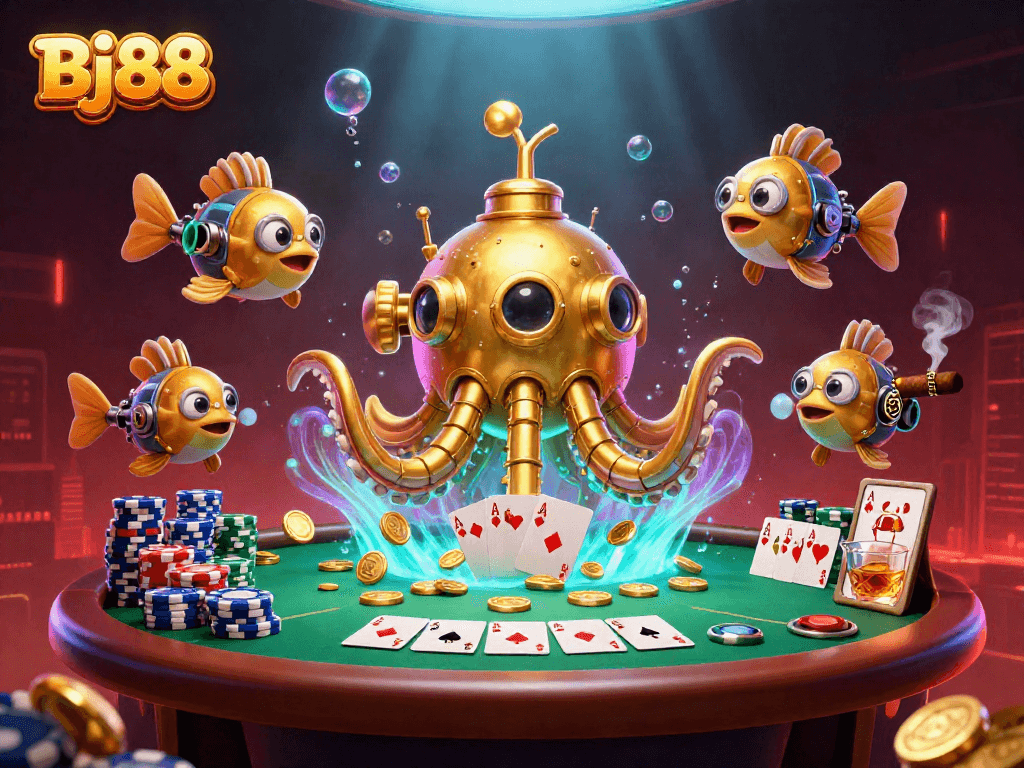 Engage in thrilling poker action with Bj88's vibrant underwater casino adventure featuring a golden kraken.