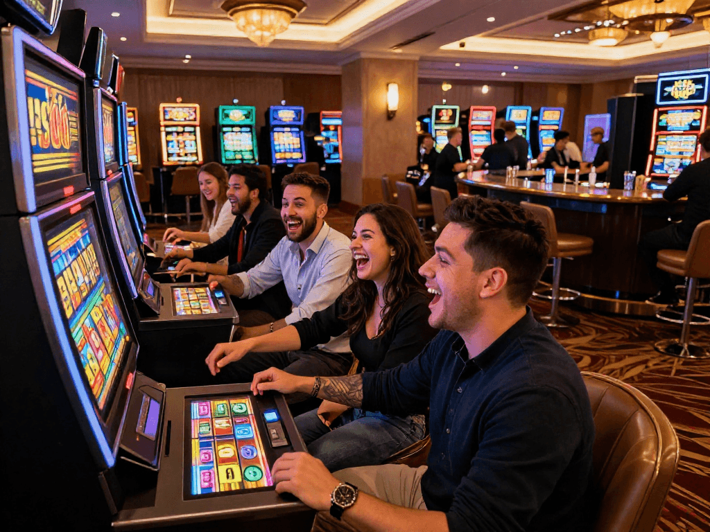 Friends enjoying the excitement of slot108 gaming at a vibrant casino.