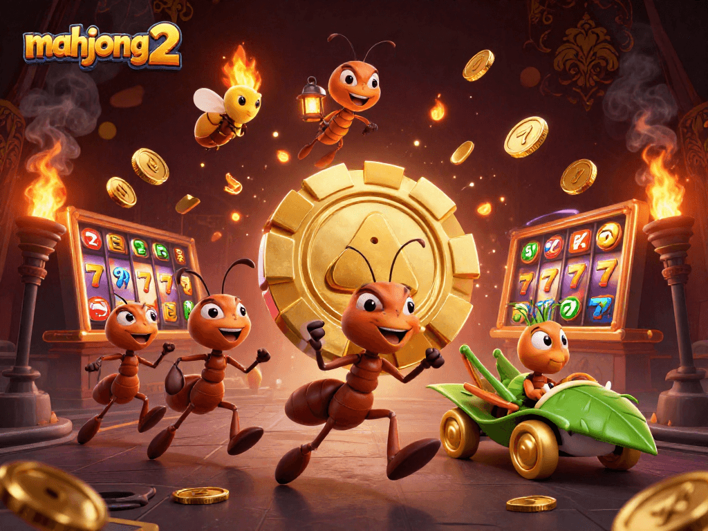 Play Mahjong 2 with an exciting team of characters carrying golden poker chips in this vibrant slot experience.