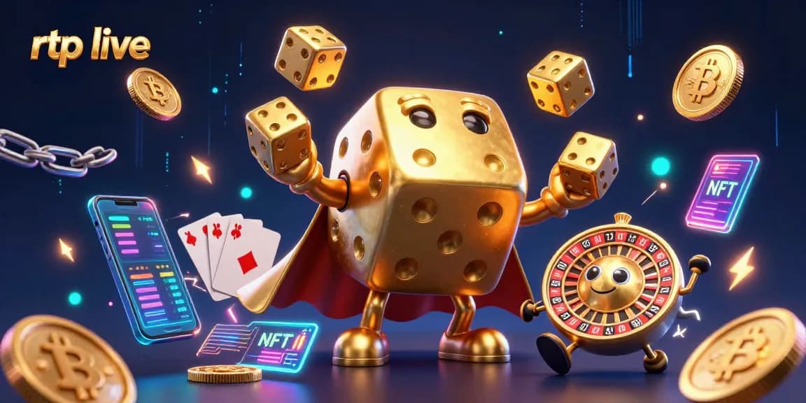 Experience rtp live action with a vibrant 3D scene of a golden dice golem and crypto elements.