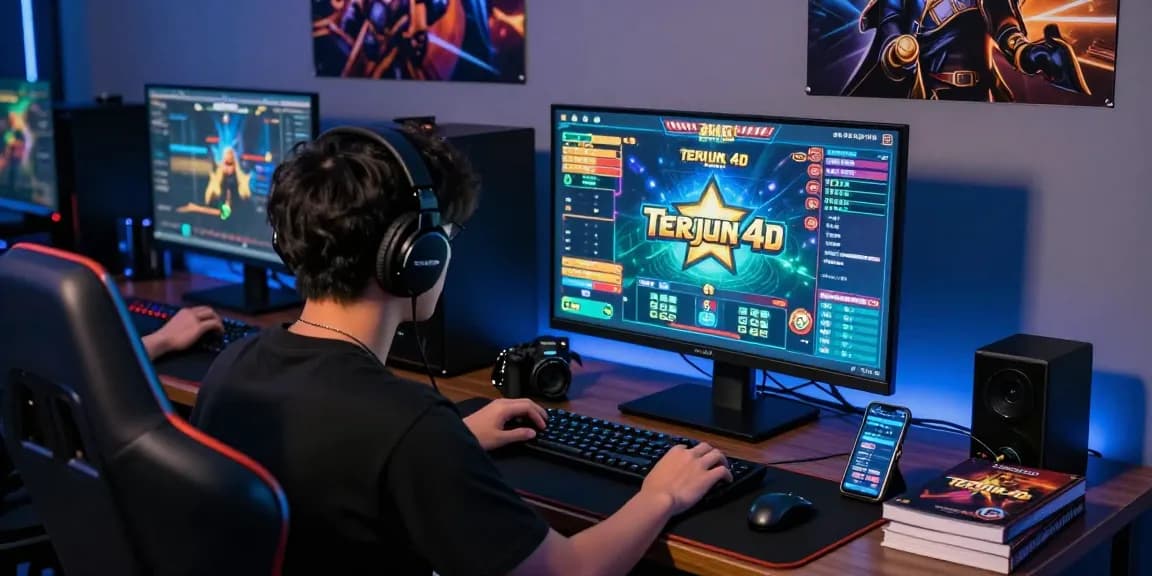 Gamer terjun4d di meja gaming dengan fokus tinggi dan aksesori modern.