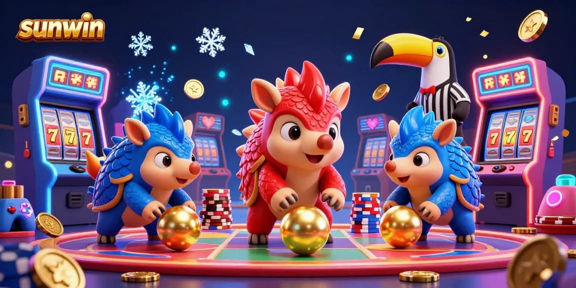 Engage in thrilling slots action at sunwin with lively pangolins bowling through poker chips amidst vibrant gaming elements.