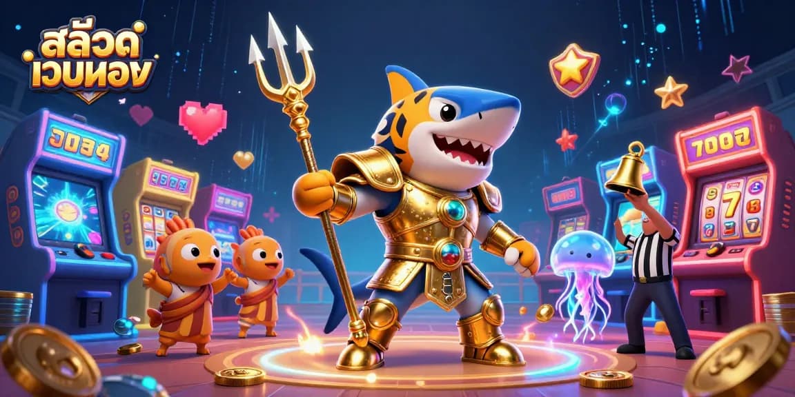 Spin the สล็อตเว็บตรง reels as a tiger shark wields a trident in an animated casino showdown.