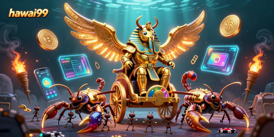 Experience hawai99's dynamic gaming world through vibrant 3D illustration packed with symbols of luck and riches.