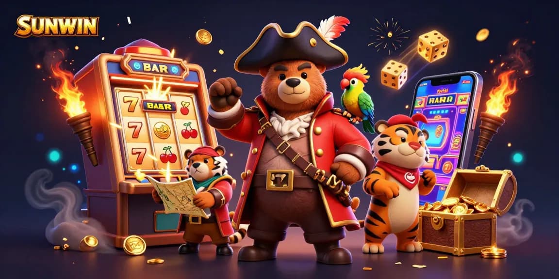 SUNWIN's pirate-themed casino adventure with a bear captain, treasure chest, and jackpot explosion