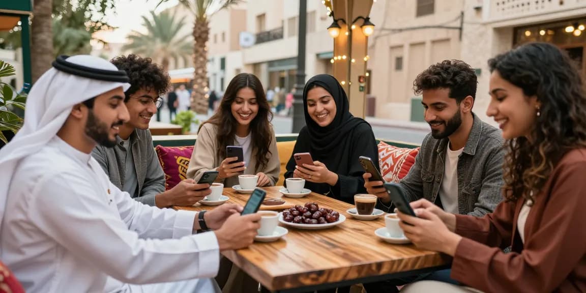 Engaging scenes of شات الرياض with friends enjoying coffee and lively conversations in a vibrant Riyadh café, showcasing community and connection.