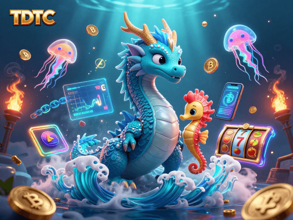 Boost your gaming with TDTC, featuring vibrant 3D underwater casino elements and characters.