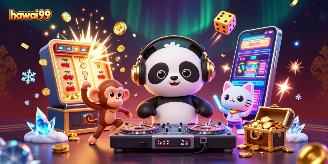 Experience thrilling gameplay with hawai99's vibrant casino scene featuring 3D characters and slot machines.