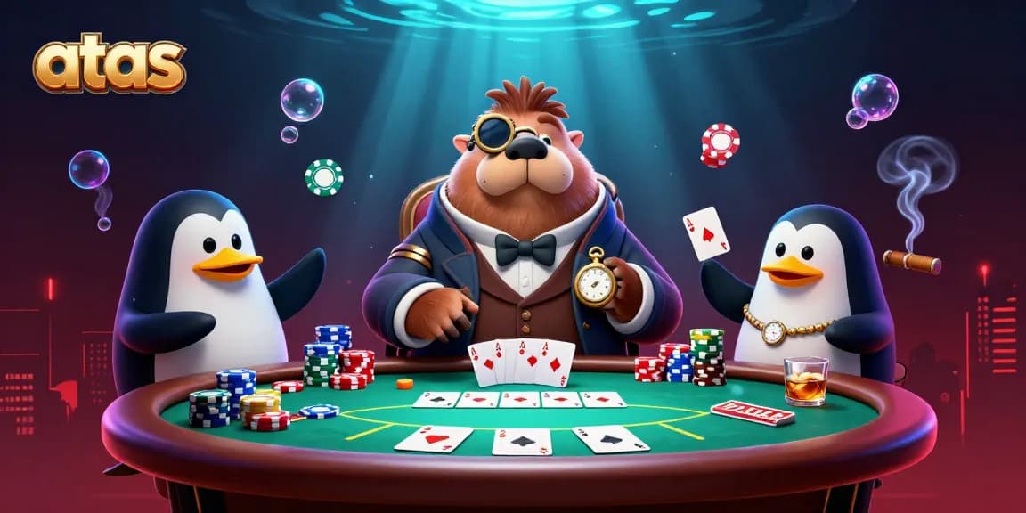 Experience thrilling poker action at atas casino with cartoon walrus and friends at an underwater table.