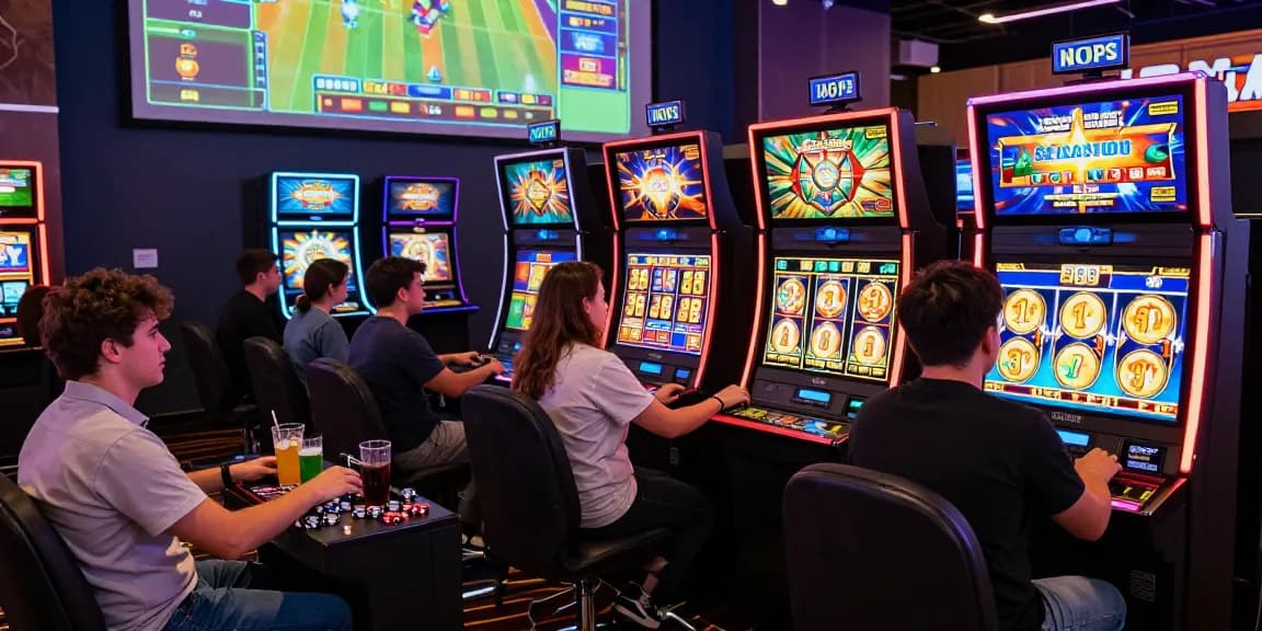 Permainan slot gacor di situs slot dengan pemain yang antusias dan mesin slot berwarna cerah.