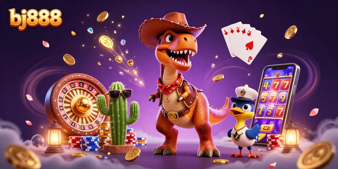 Experience thrilling gambling action with bj888 featuring a dinosaur, cactus, and roadrunner surrounded by casino elements.