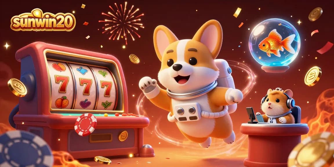 Experience sunwin20 with a vibrant, 3D casino scene featuring an astronaut corgi and slot reels.