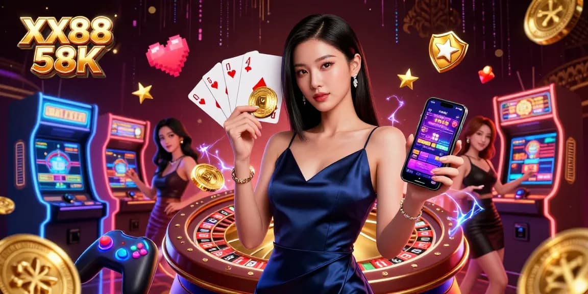 Experience the thrill at XX88 58K with vibrant casino elements and a confident player.
