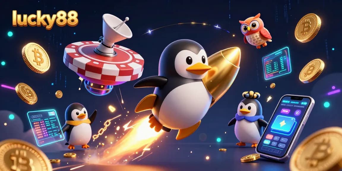 Play lucky88 with golden penguin racing toward the casino in a dazzling space adventure.