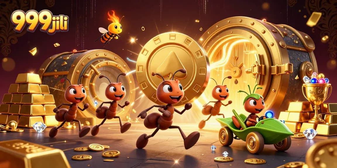 Experience dynamic action in 999 jili as playful ants heist a giant golden poker chip amid treasure!
