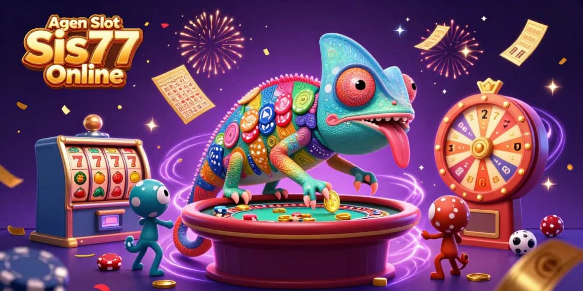 Rasakan keseruan bermain slot di Agen Slot Sis77 Online dengan karakter chameleon yang unik dan elemen permainan yang meriah.