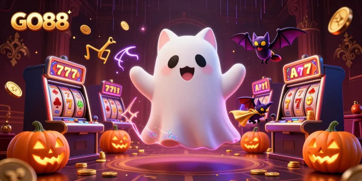 Play and win with GO88 amidst glowing jack-o-lanterns and colorful slot reels.