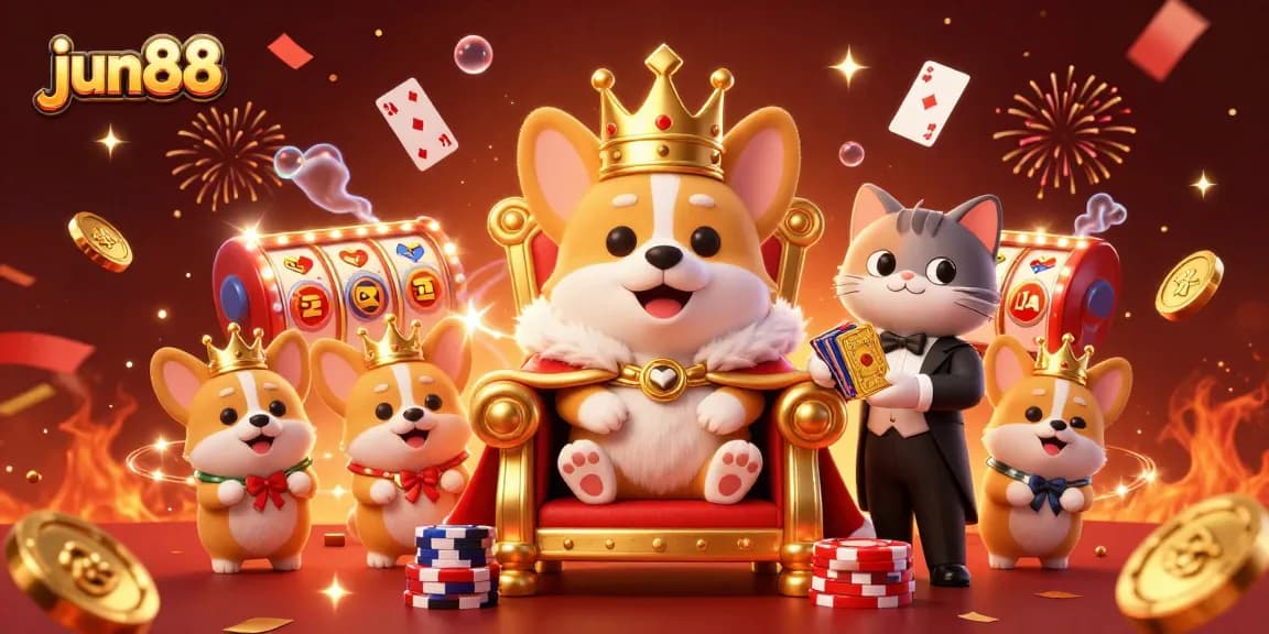Engage in thrilling gameplay at jun88 with vibrant corgi characters amidst winning slot machines.