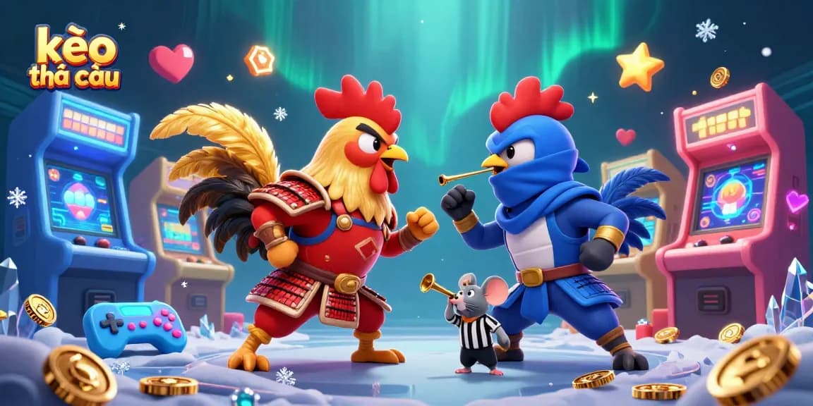 Engage with kèo nhà cái through a vibrant 3D scene with cartoon roosters in combat.