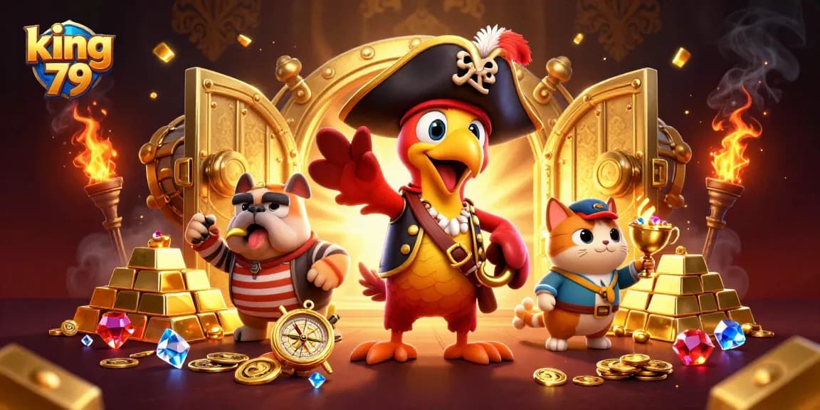 Join the adventure with king 79 as the pirate captain parrot commands treasure in this vibrant casino illustration.