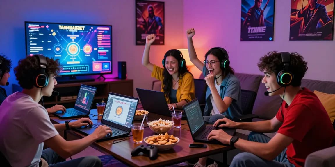 Friends enjoying tambakbet gaming night in a cozy living room with snacks and screens.