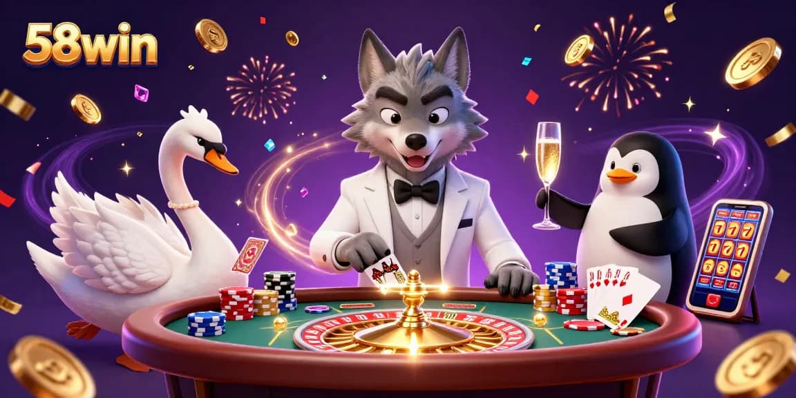Engaging scene of 58win showcasing a wolf, swan, and penguin in a lively casino setting with dynamic elements.