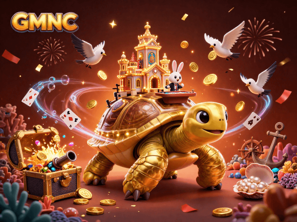 Experience GMNC's thrill with a vibrant 3D casino scene full of games and celebration!