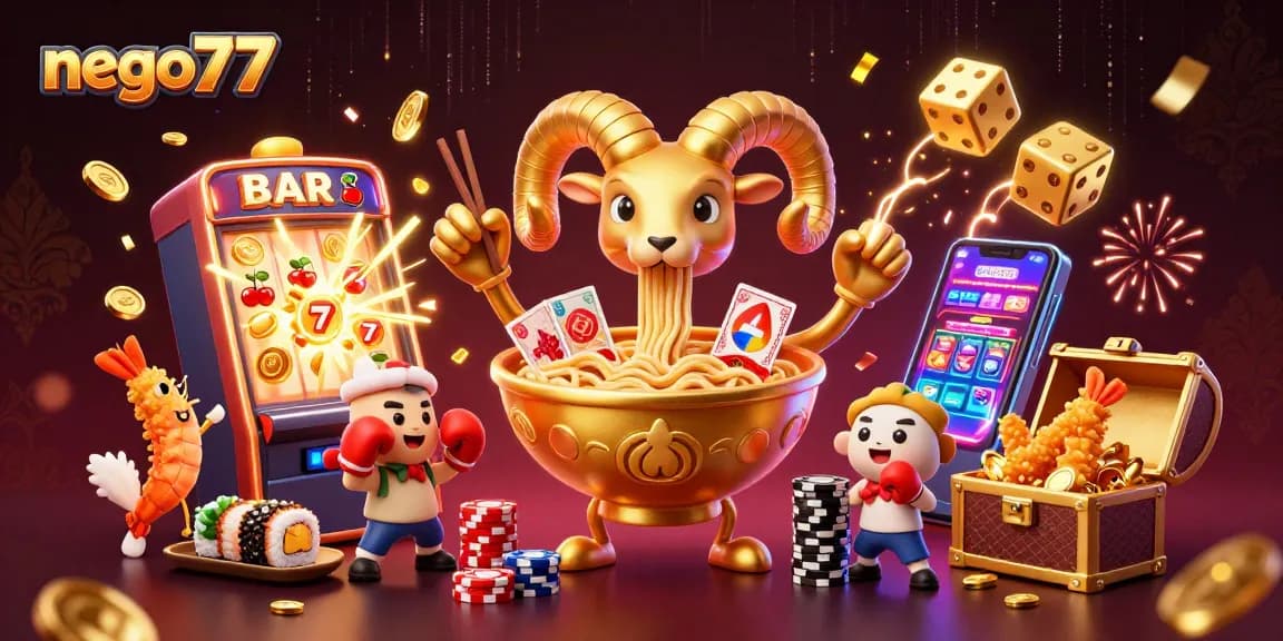 Join the excitement of nego77 with cartoon characters, slot machines, and jackpot explosions!